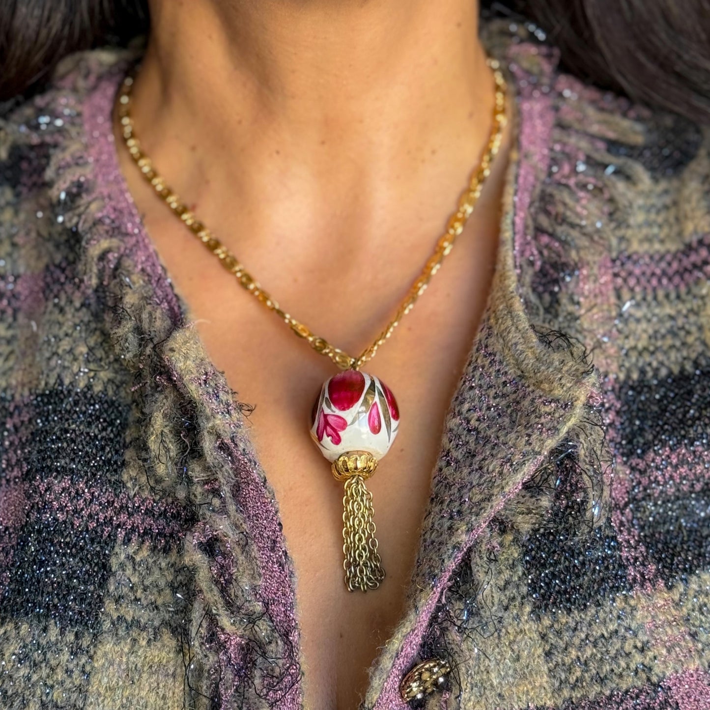 Vintage Gold Plated Snail Chain Necklace with English Porcelain Hand-Painted Perfume Pendant
