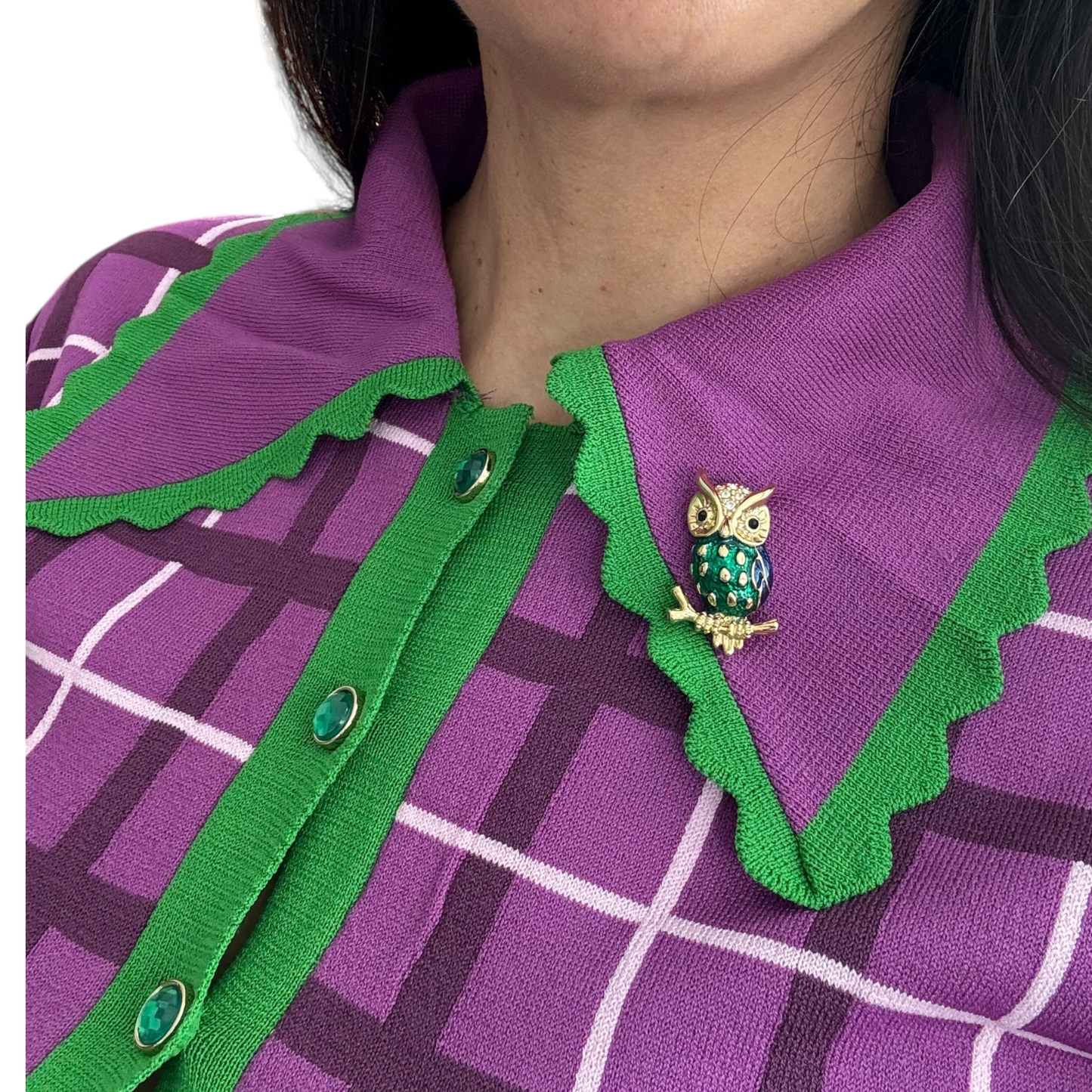 Vintage Altın Kaplama Zümrüt Yeşili Lacivert Mineli Baykuş Broş