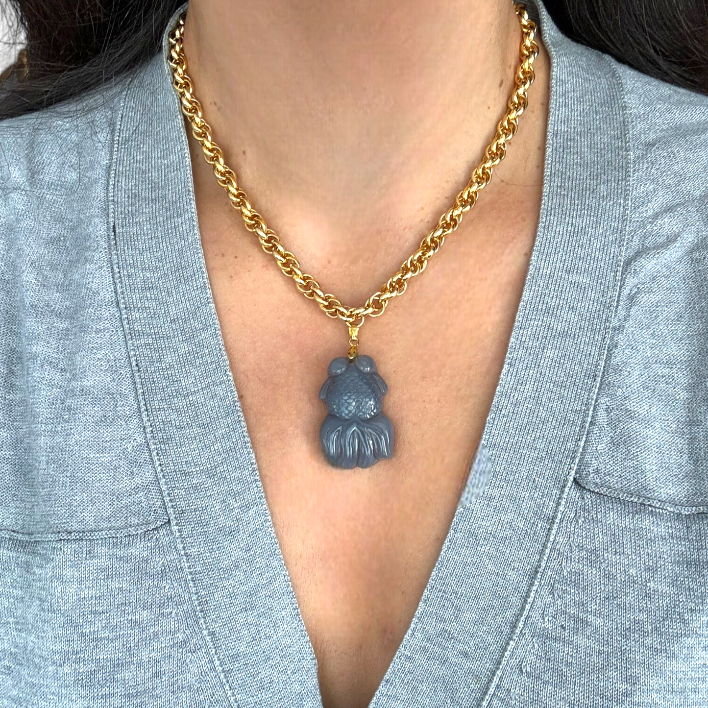 Akik Balık Kolye Uçlu Vintage Altın Kaplama Zincir