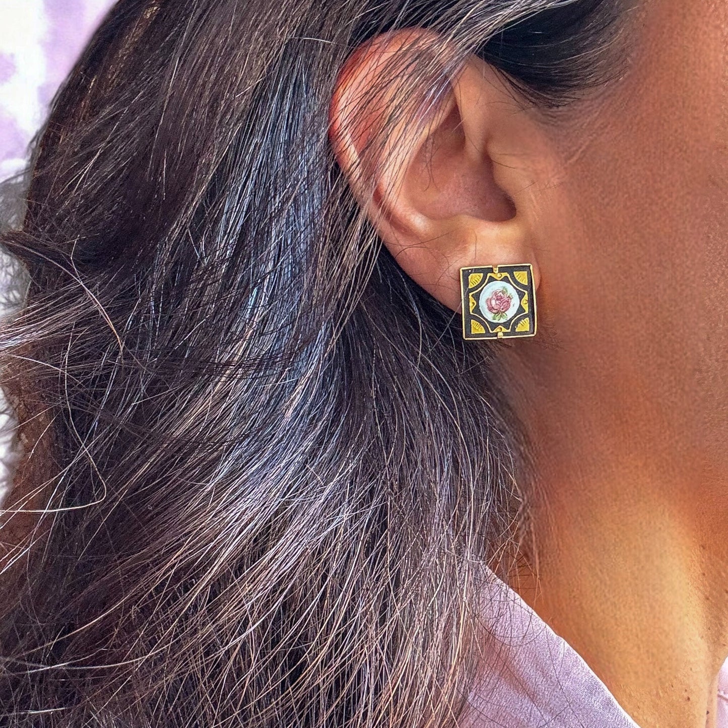 Vintage Damascene Toledo Earrings With Hand Painted Porcelain Design