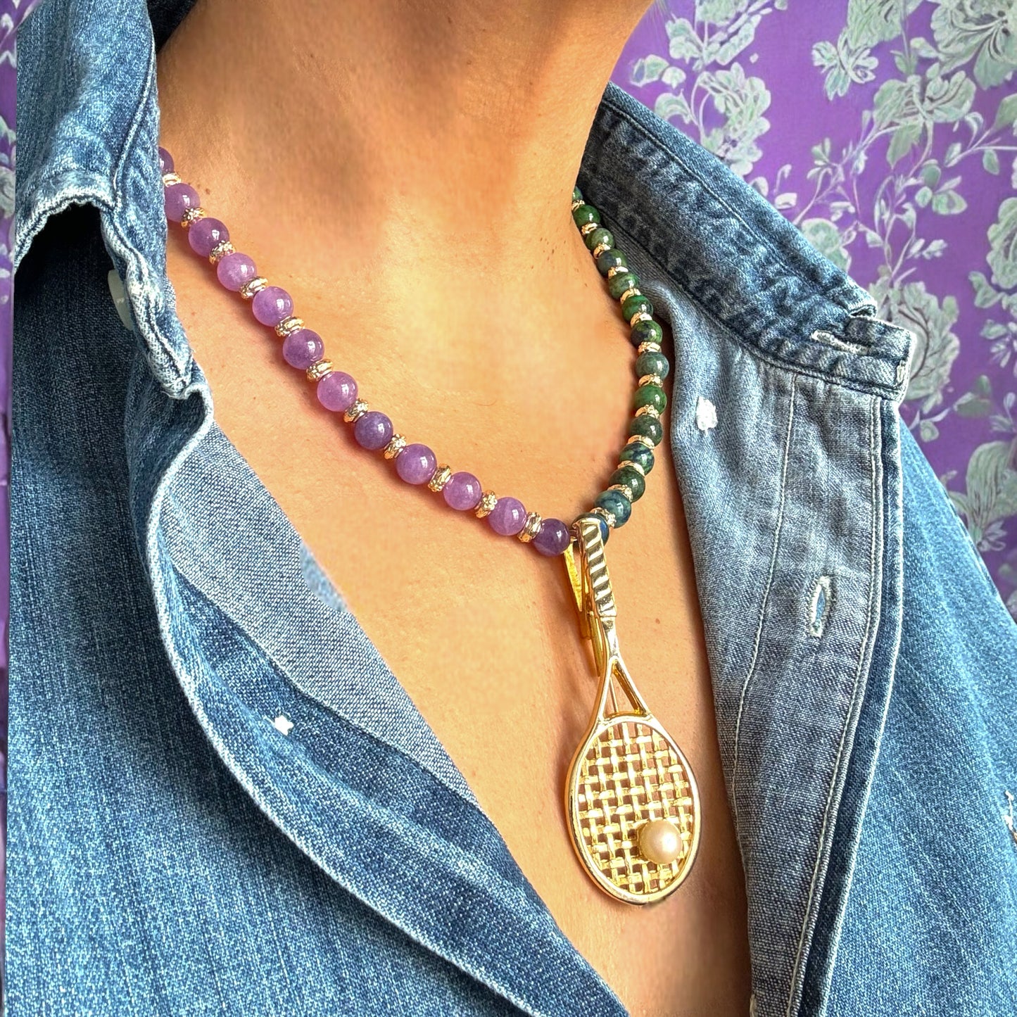 Vintage Tenis Raketi Broş Detaylı Doğal Taş Kolye