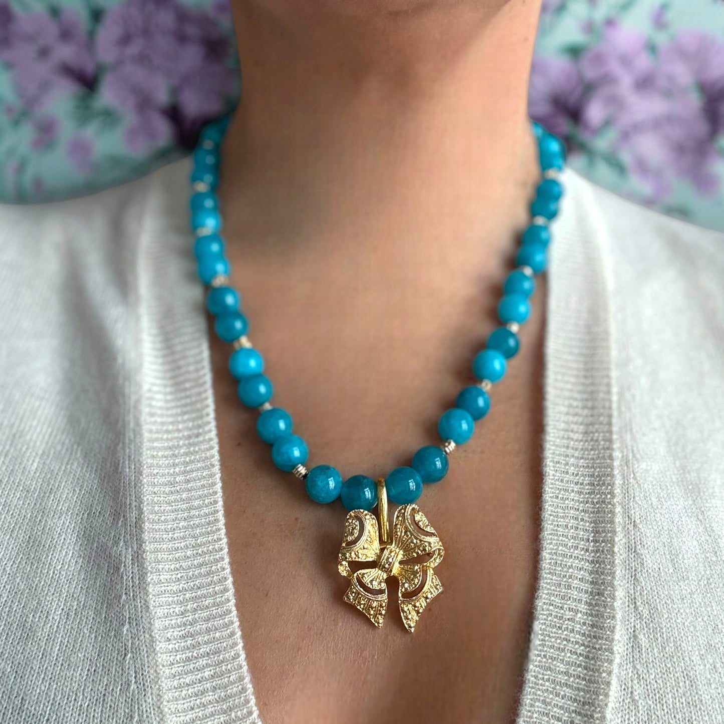 Vintage Kurdele Broş Detaylı Doğal Taş Kolye