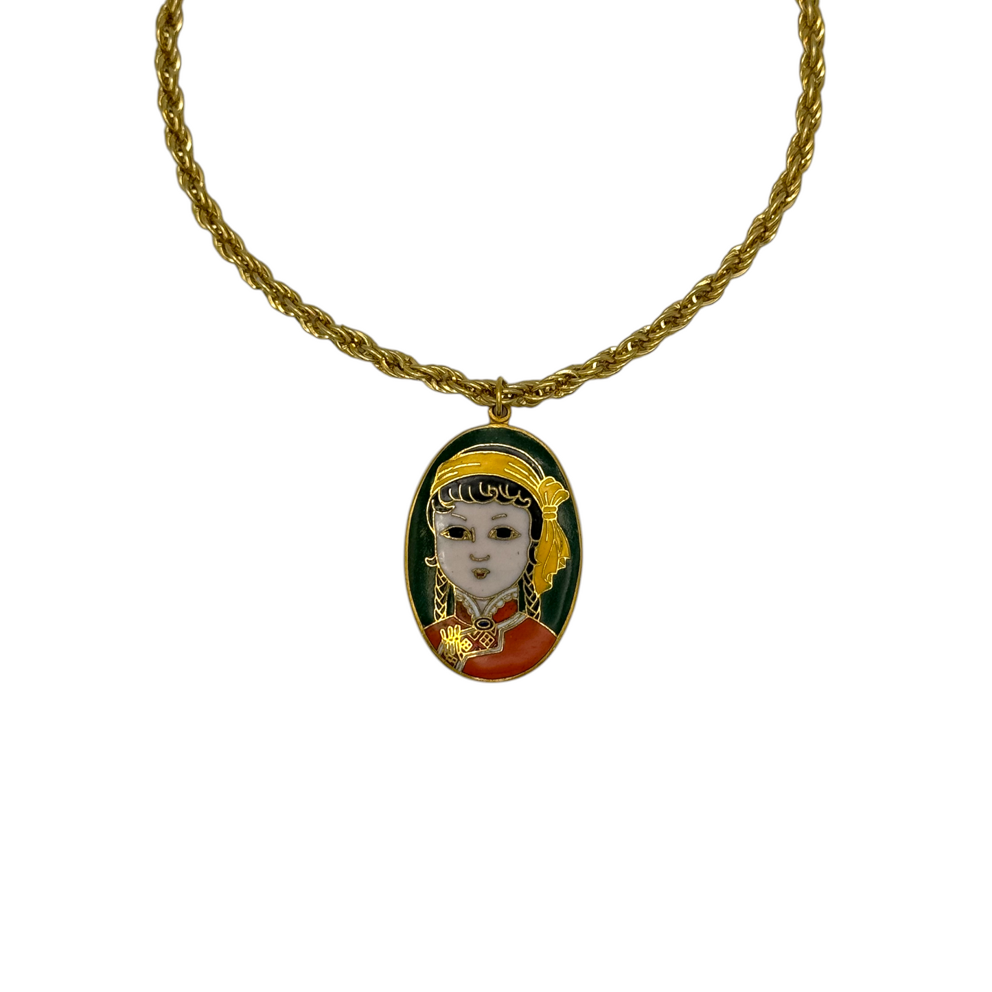 Vintage Gold Plated Rope Chain Necklace with Geisha Cloisonné Pendant