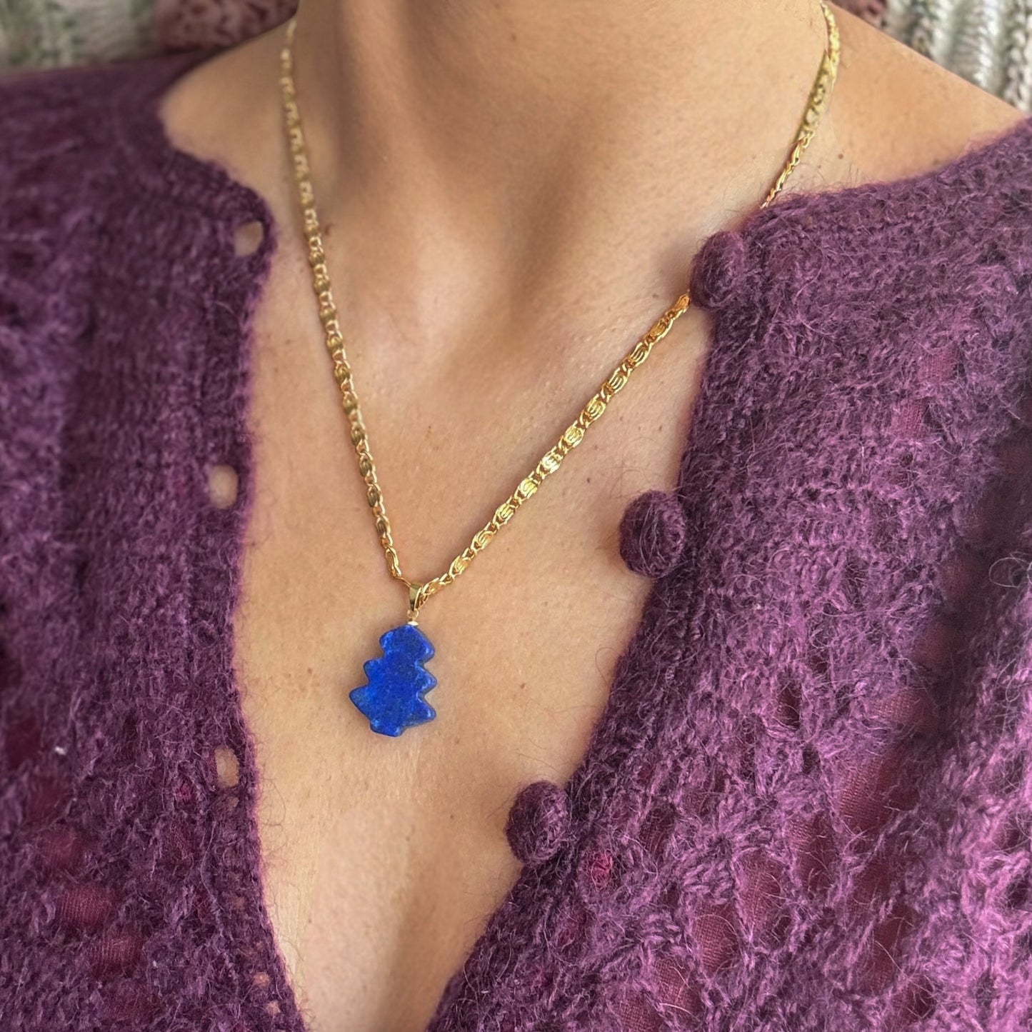 Lapis Lazuli Yılbaşı Ağaç Detaylı Vintage Altın Kaplama Zincir