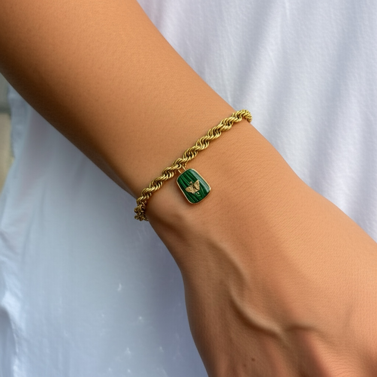 Malakit Kelebek Charm'lı Vintage Altın Kaplama Zincir Bilezik