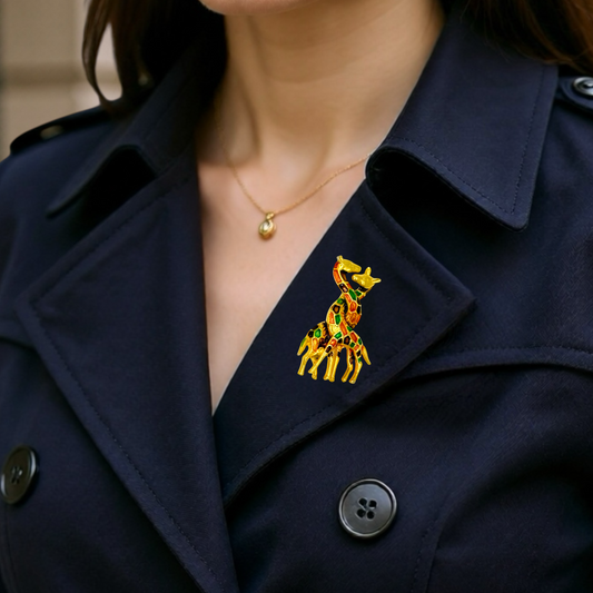 Vintage Gold-Plated Multicolour Enamel Double Giraffe Brooch — 1980s