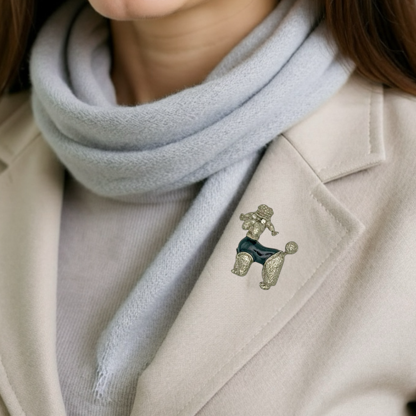 Vintage Gümüş Siyah Mineli Poodle Broş