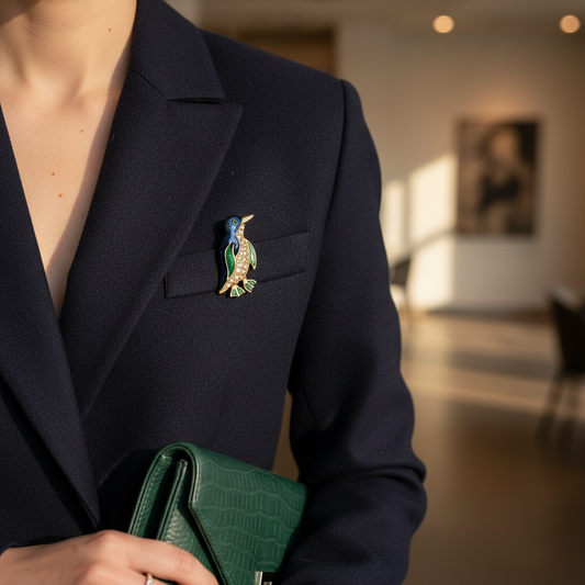 vintage penguin brooch styled on blazer