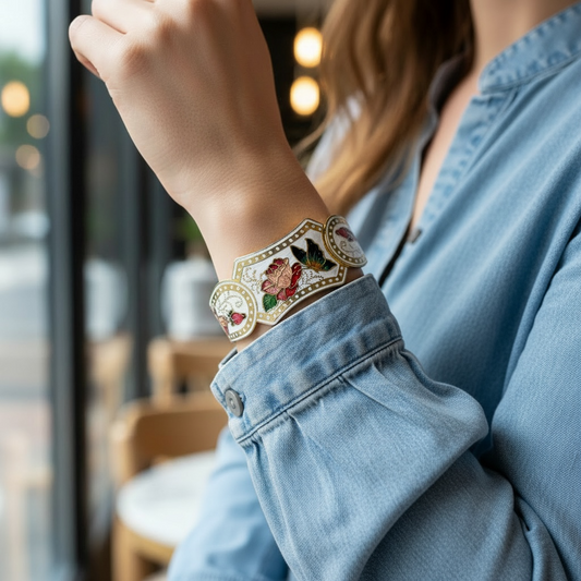 vintage cloisonne bangle styled on wrist