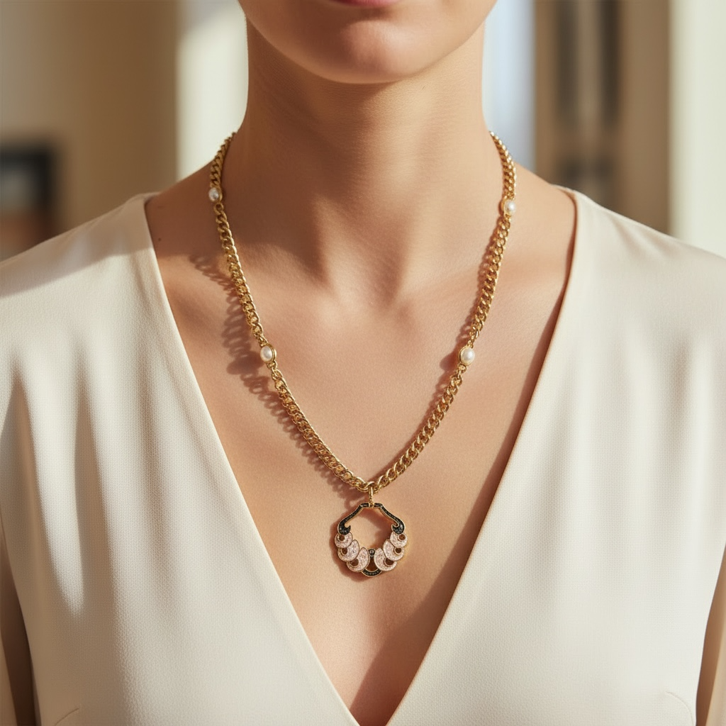 long gold chain necklace pearl accents vintage style