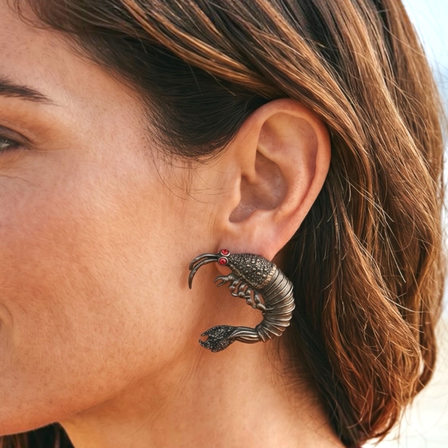 Vintage Style Shrimp Earrings with Red Crystal Eyes
