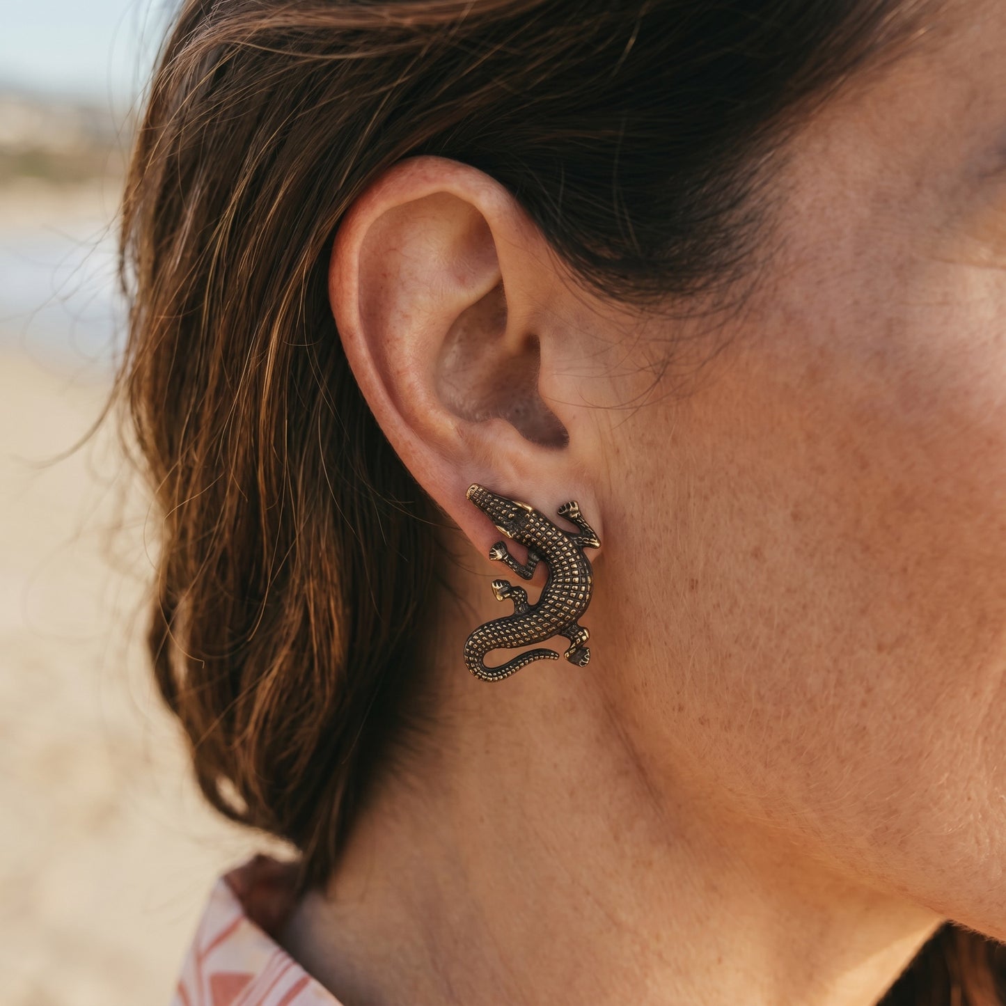 Vintage Style Brass Crocodile Stud Earrings — Statement Figural