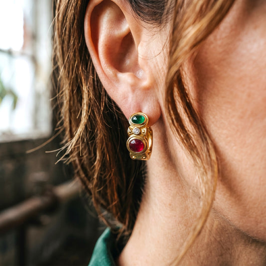 Vintage Harlequin Gold & Enamel Clip-On Earrings — 1950s