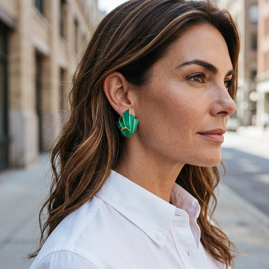 Vintage Bergdorf Goodman Green Enamel Art Deco Fan Earrings — 1980s
