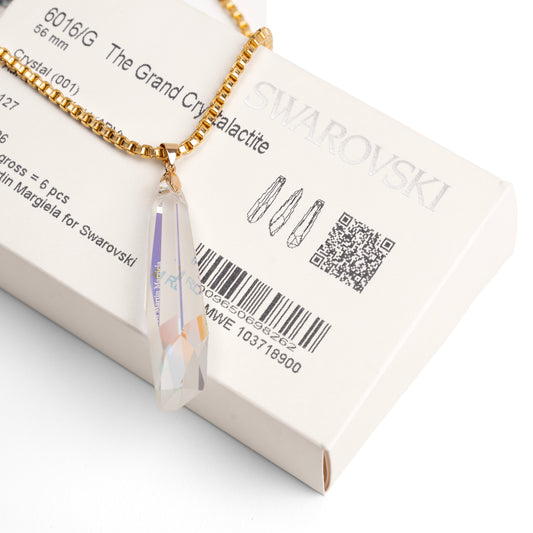 Vintage Gold Box Chain Necklace with Maison Martin Margiela Swarovski Crystalactite Pendant — 1980s