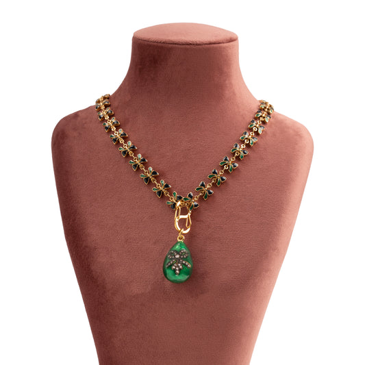 Vintage Navy & Green Enamel Butterfly Chain Necklace with Rhinestone Bow Pendant — 1980s