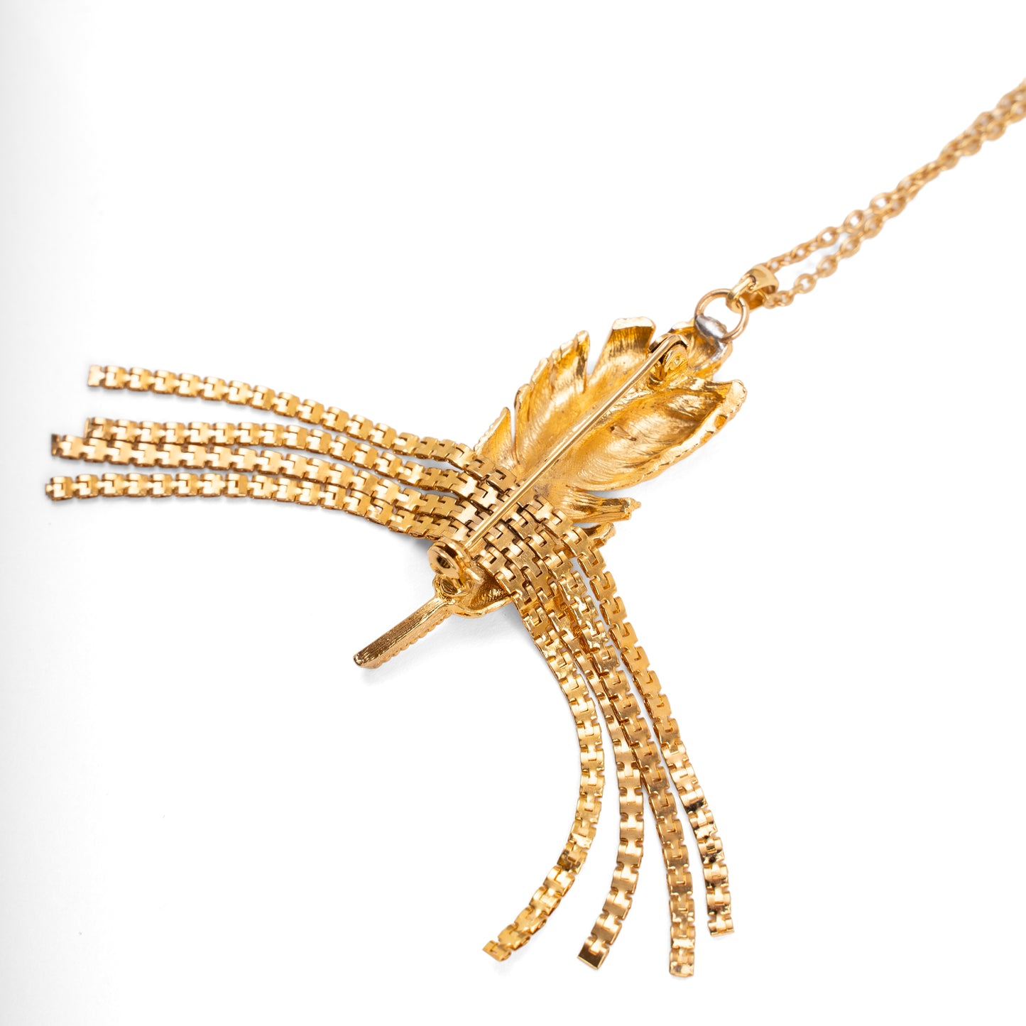 Vintage Gold Textured Leaf Brooch Pendant Necklace with Chain Tassel — 1980s