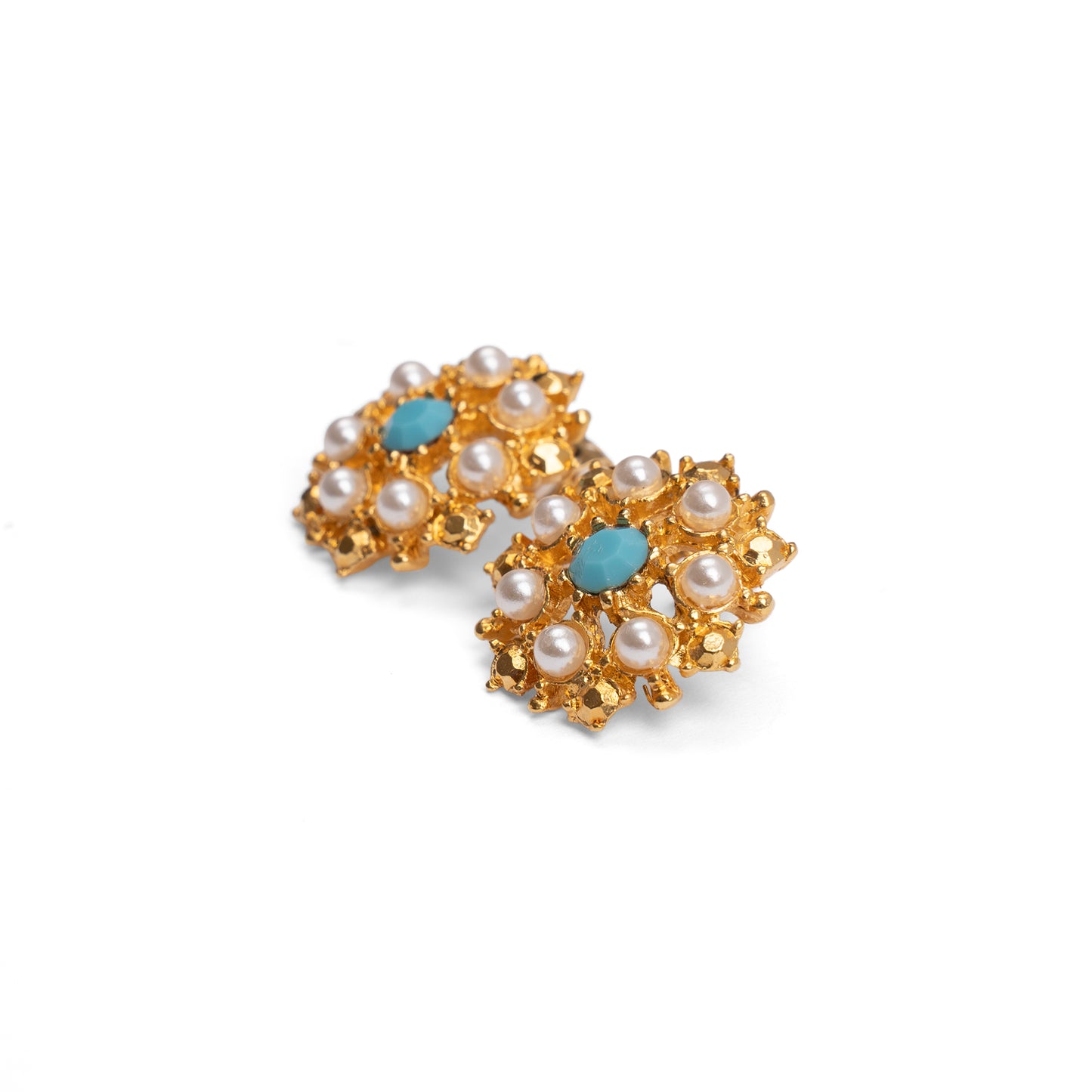 Vintage Gold Pearl & Turquoise Cluster Clip-On Earrings — 1980s