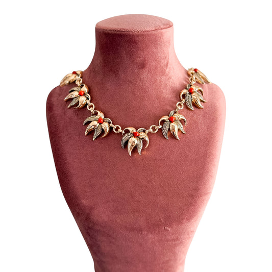 Vintage 1950s Brass Palm Leaf Necklace with Coral Beads