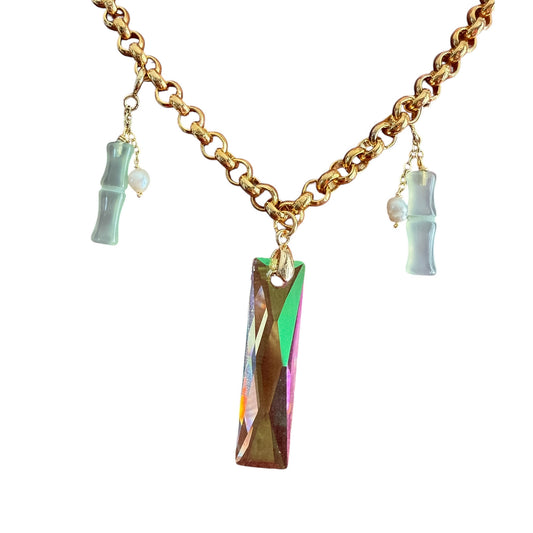 Vintage Designer House Chain Necklace with Swarovski Iridescent Crystal Bar & Bamboo Pearl Charms - 1980’s
