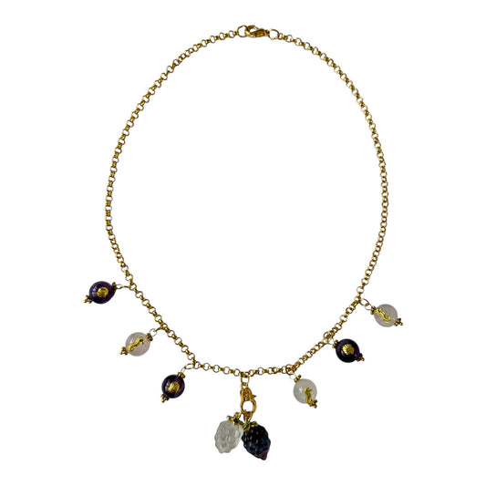 Vintage 1980s Designer House Chain Necklace with Amethyst, Quartz & Stone Grape Charms
