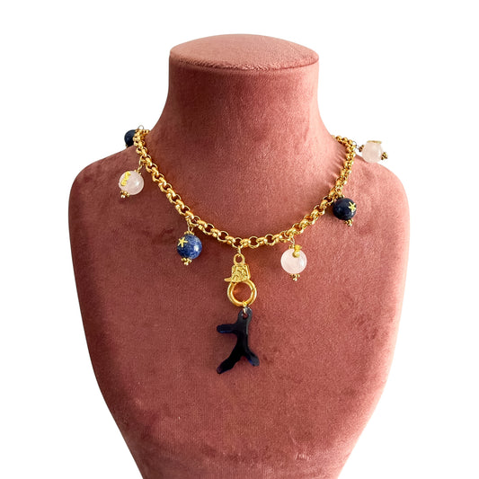 Vintage 1980s Designer House Chain Necklace with Lapis Lazuli, Quartz & Swarovski Crystal Coral