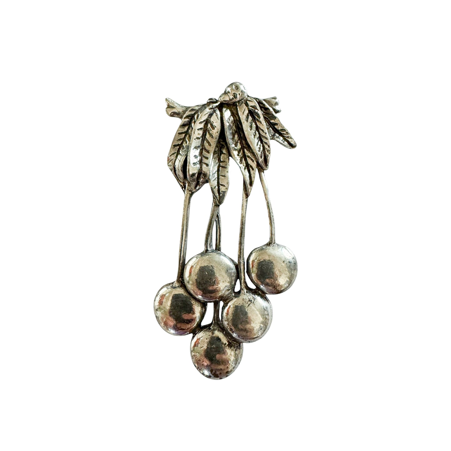 Vintage MASJ Silver Scenes Cherry Cluster Brooch — Silver-Plated Pewter, 1980s