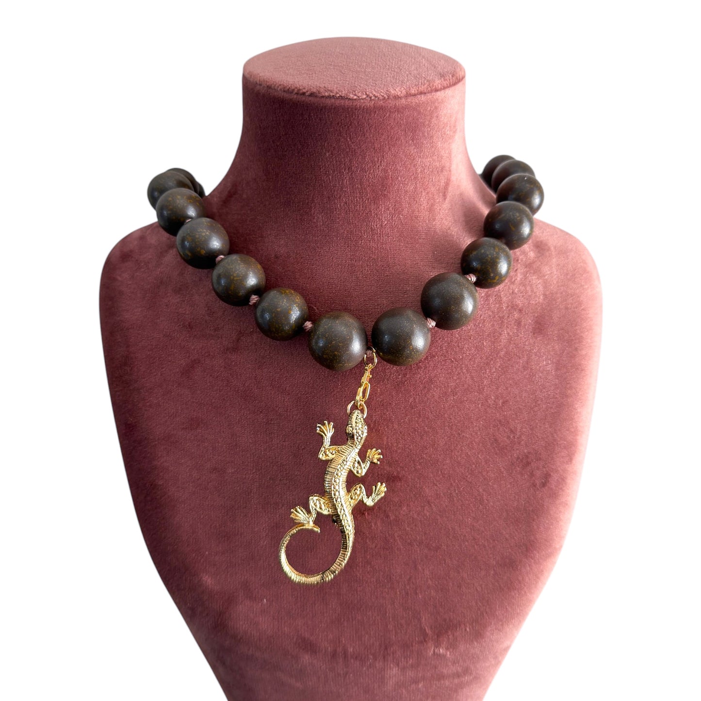 Vintage Monet Wood Bead Necklace with Gold Lizard Charm — 1980’s