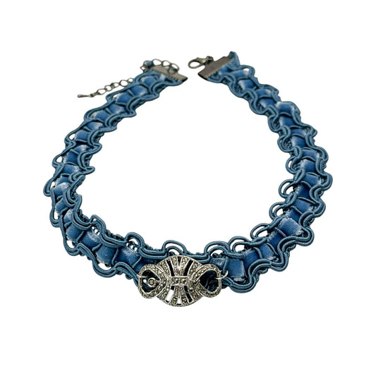 Vintage Markazit Charmlı Fransız Mavi Kadife Choker 