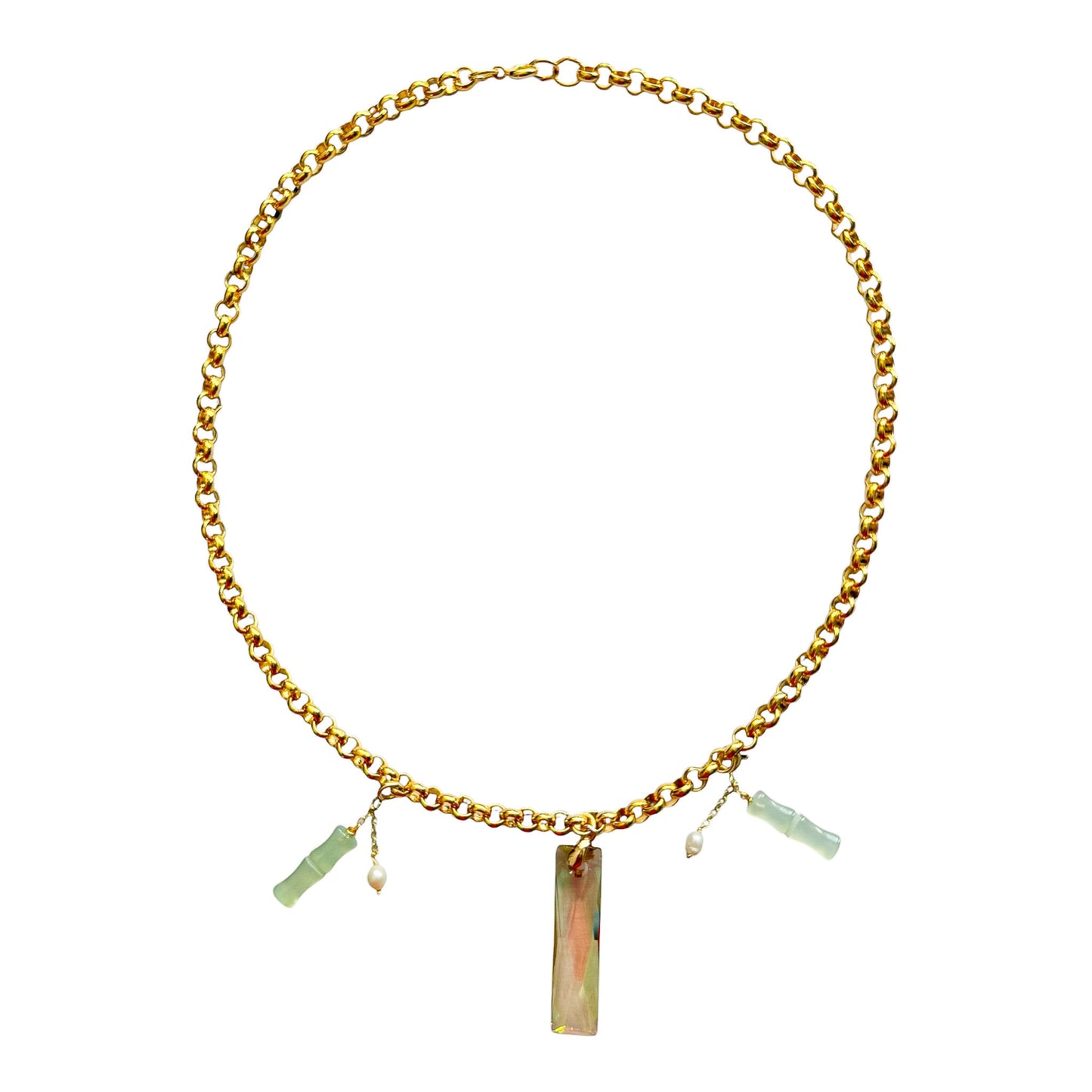 Swarovski Kristal Bar & Bambu İnci Charm'lı Vintage Designer House Zincir Kolye — 1980'ler