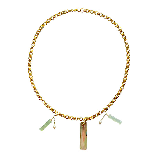 Vintage Designer House Chain Necklace with Swarovski Iridescent Crystal Bar & Bamboo Pearl Charms - 1980’s