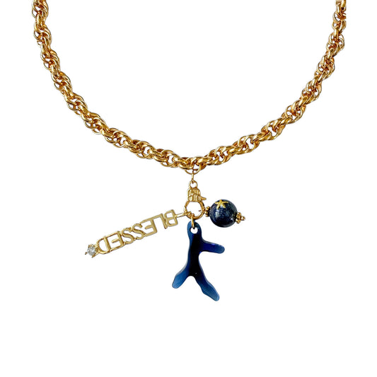 Vintage 1980s Designer House Chain Necklace with Blessed, Swarovski Crystal Coral & Lapis Lazuli Charm