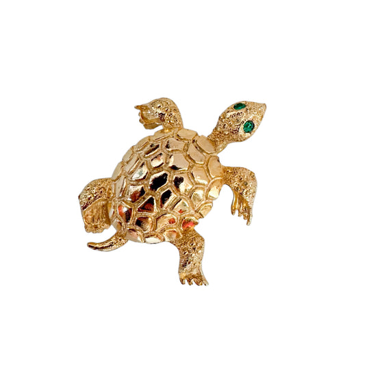 Vintage 1980s Designer House Gold Turtle Brooch with Green Crystal Eyes — Triple Gold-Plated