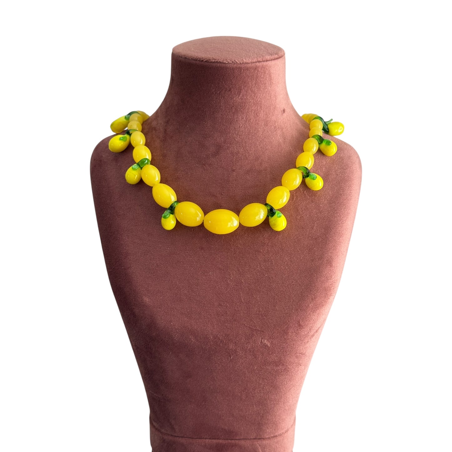 Antique Yellow Glass Bead Necklace with Lemon Charms & Mano Cornuto Clasp — 1950’s