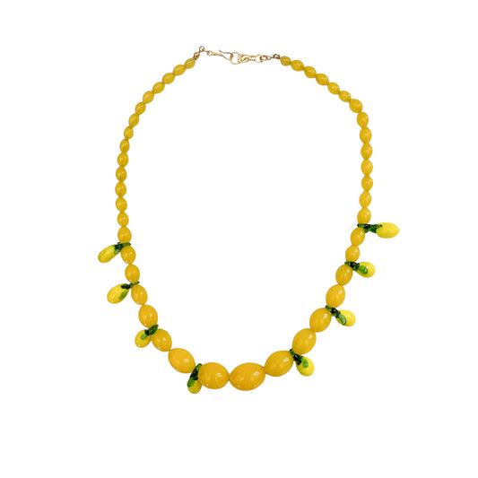 Antique Yellow Glass Bead Necklace with Lemon Charms & Mano Cornuto Clasp — 1950’s