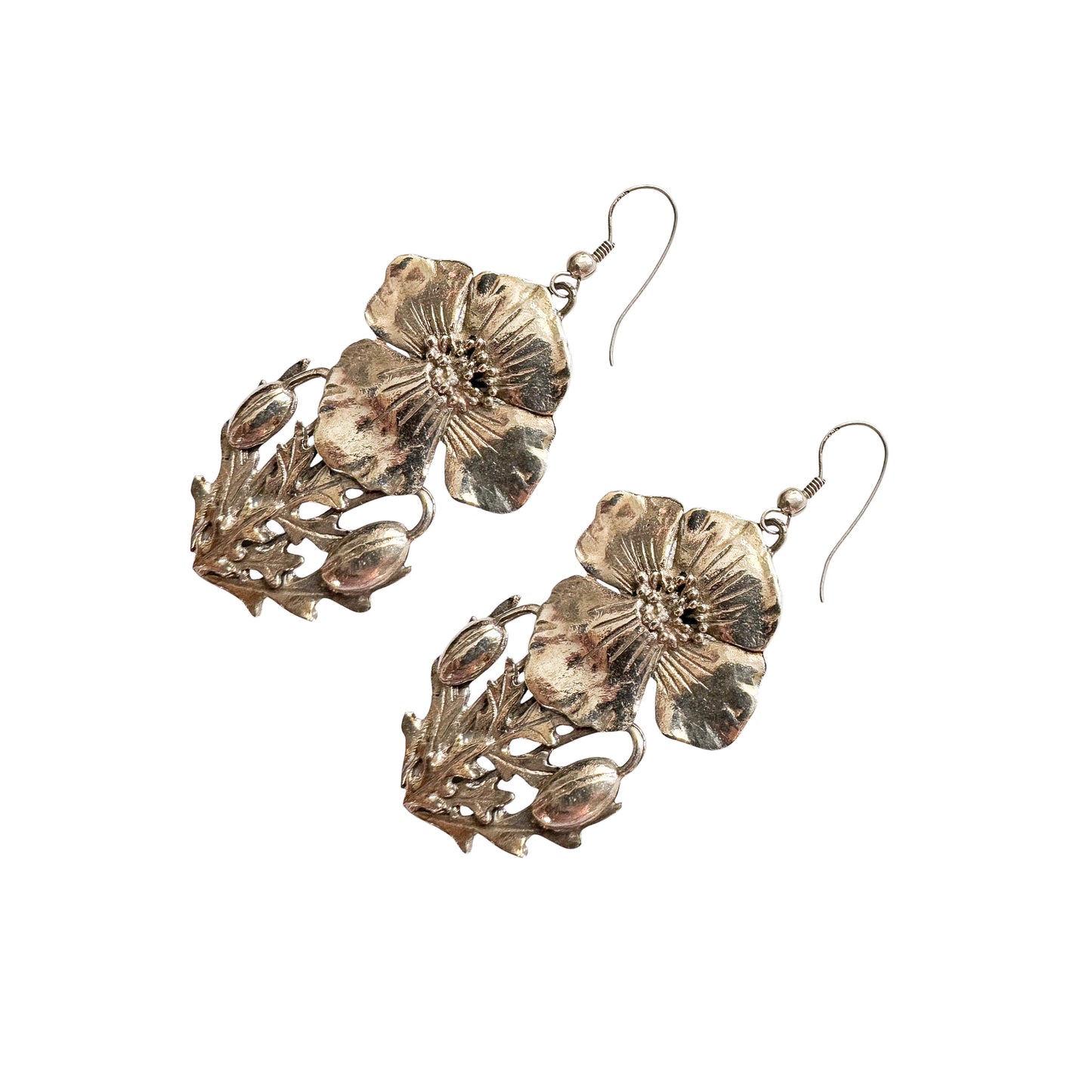 Vintage MASJ Signed Pewter Poppy Stem Earrings — 1980s–1990s