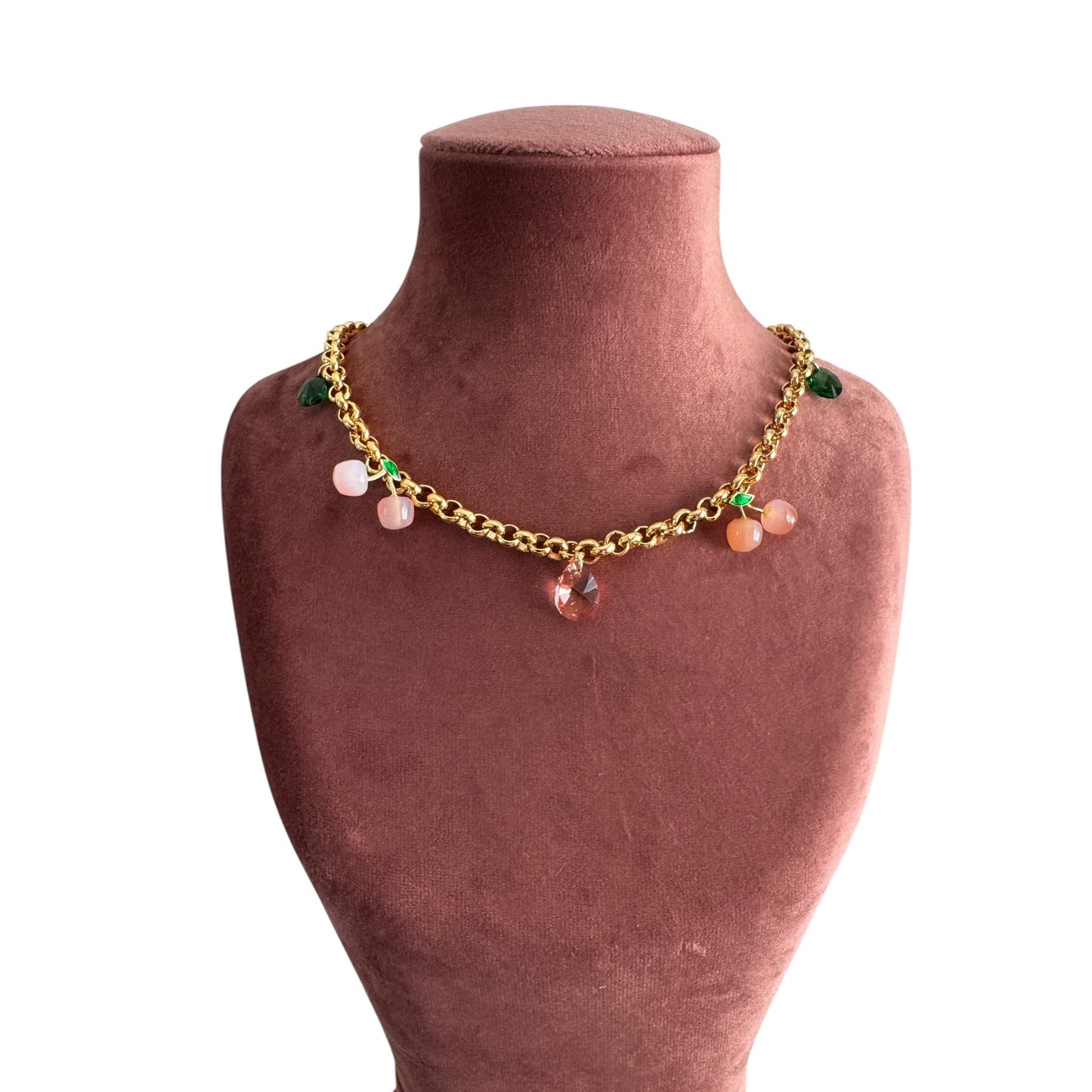 Kiraz ve Swarovski Kristal Charmlı Vintage Altın Kaplama Kolye - 1980ler
