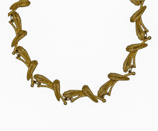 Vintage Gold Plated Feather Pattern Necklace — 1980s