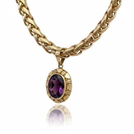 Vintage Triple Gold Chunky Chain Necklace with Rolled Gold Amethyst Pendant — 1980s