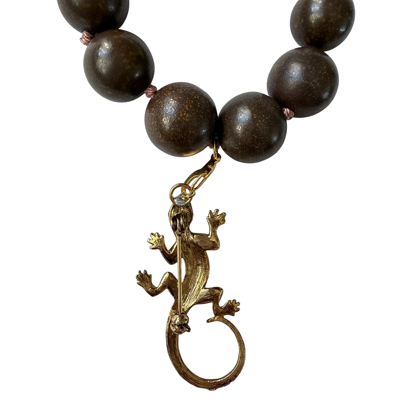 Vintage Monet Wood Bead Necklace with Gold Lizard Charm — 1980’s