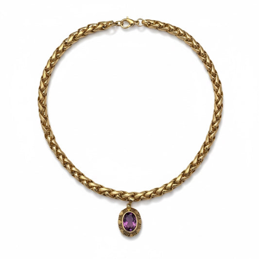 Vintage Triple Gold Chunky Chain Necklace with Rolled Gold Amethyst Pendant — 1980s