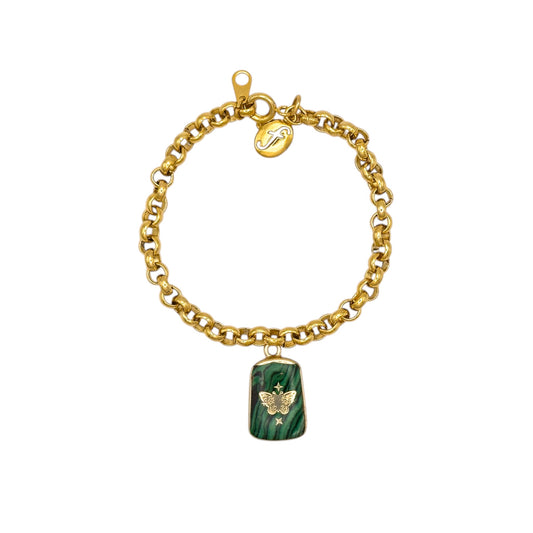 Vintage Gold Chain Bracelet with Malachite Butterfly Charm — 1980s