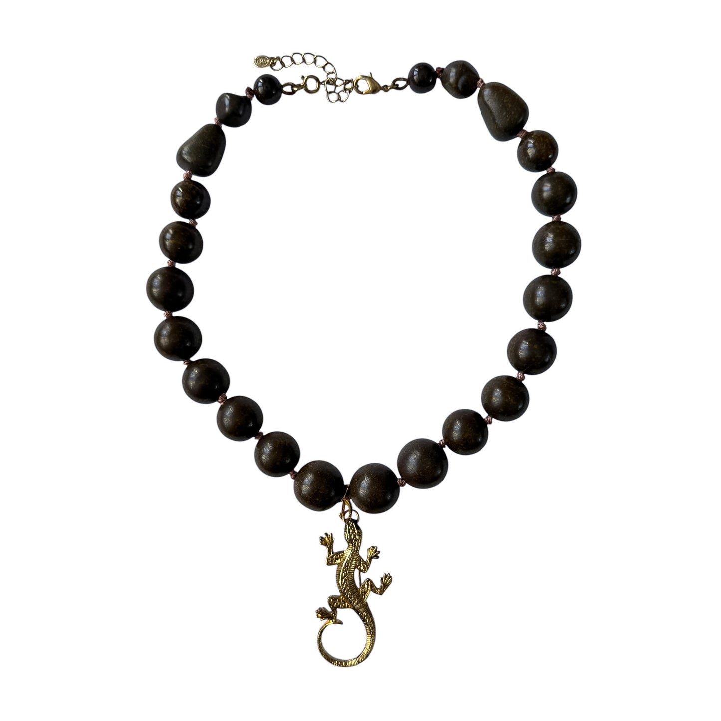 Vintage Monet Wood Bead Necklace with Gold Lizard Charm — 1980’s
