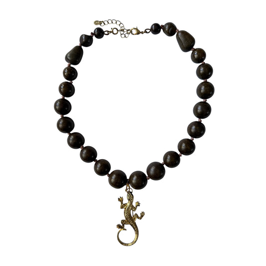 Vintage Monet Wood Bead Necklace with Gold Lizard Charm — 1980’s