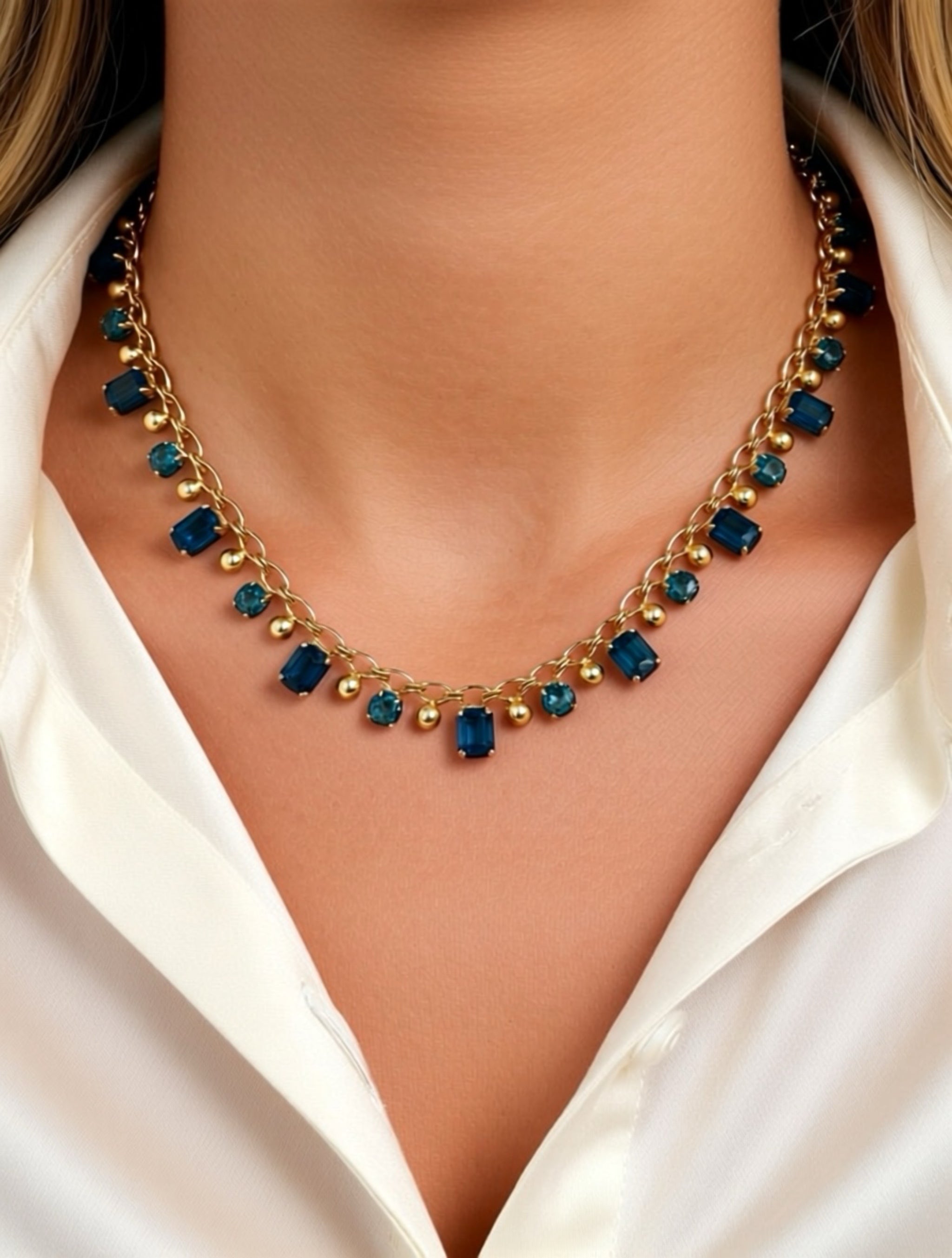 Vintage Altın Kaplama Mavi Kristal Kolye