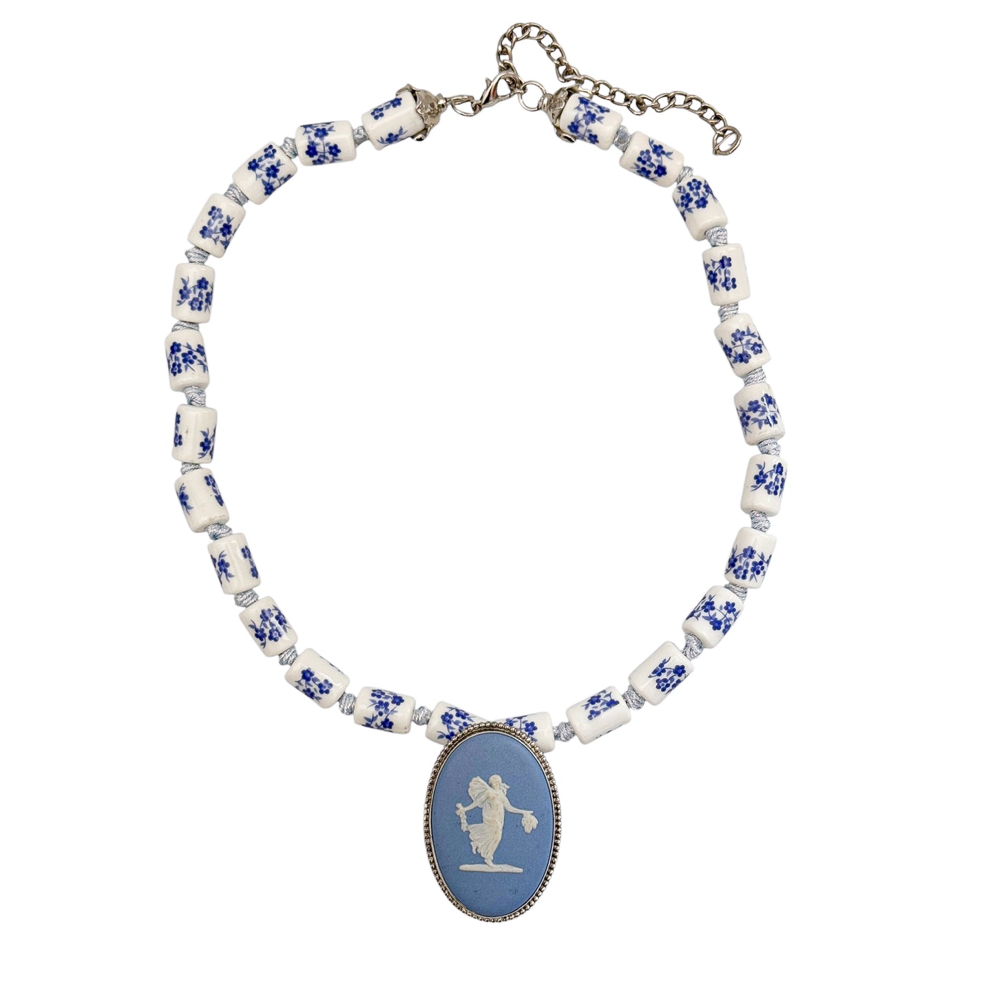 Vintage Wedgwood Jasperware Pendant Necklace with Hand-Painted Porcelain Beads — 1970s