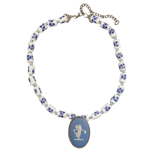 Vintage Wedgwood Jasperware Pendant Necklace with Hand-Painted Porcelain Beads — 1970s
