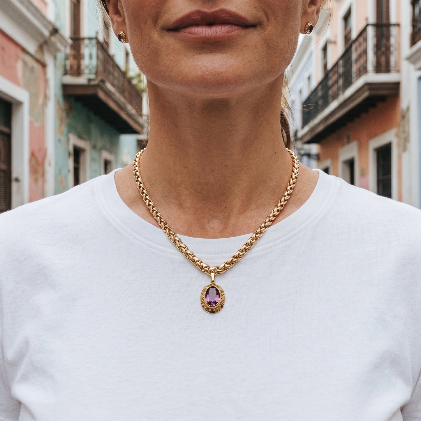 Vintage Triple Gold Chunky Chain Necklace with Rolled Gold Amethyst Pendant — 1980s