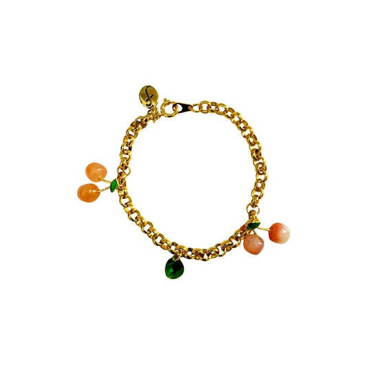 Vintage Gold Chain Bracelet — Cherry Charms & Crystals 1980s