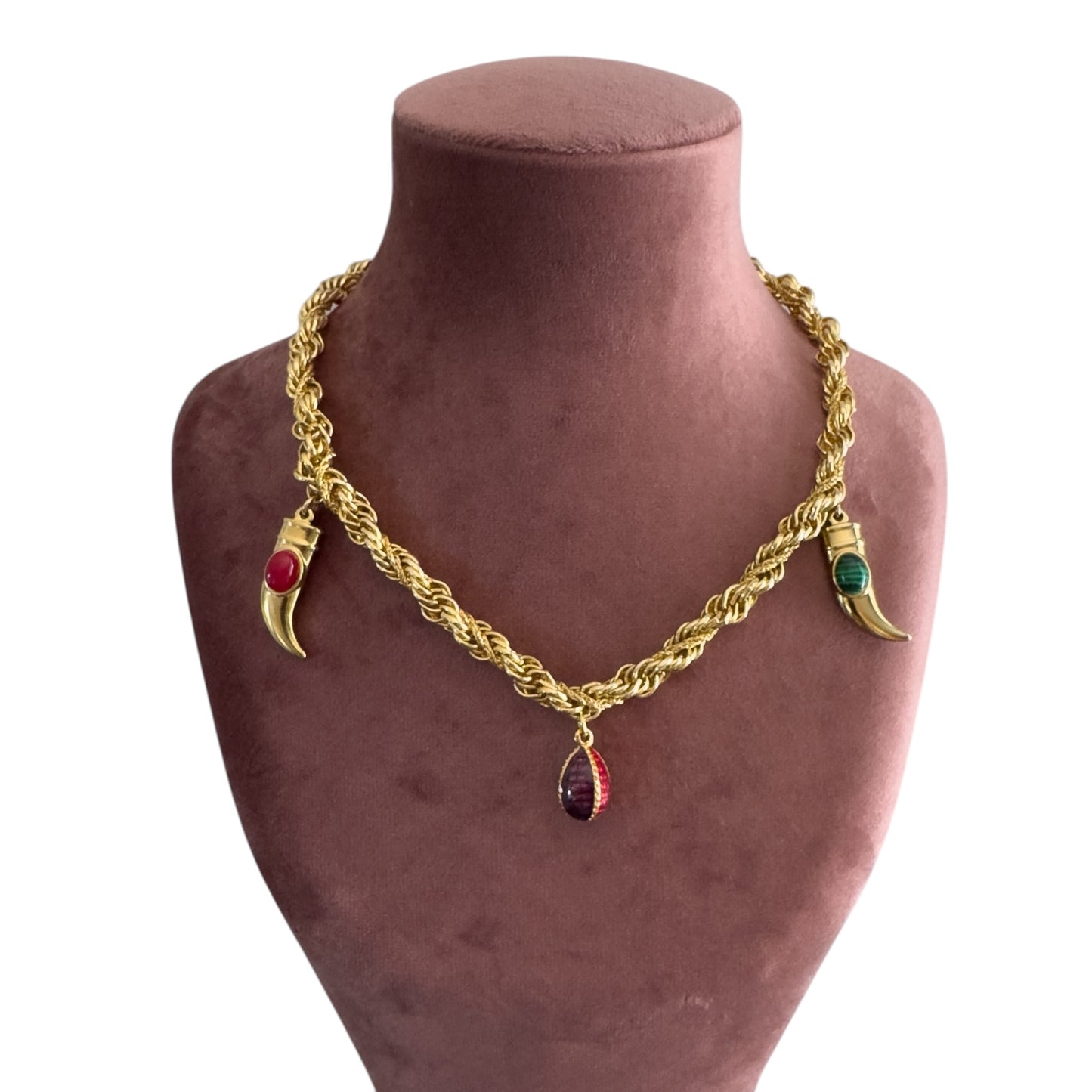 Vintage Triple Gold Chain Necklace with Joan Rivers Egg & Horn Charms — 1980s